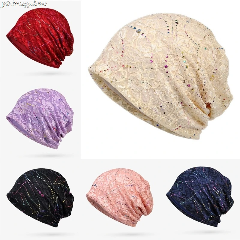 

Spring Summer Female Caps Skullies Thin Lace Ponytail Beanie Turban Hat Pregnant Women Solid Color Jacquard Hat Neck Scarf