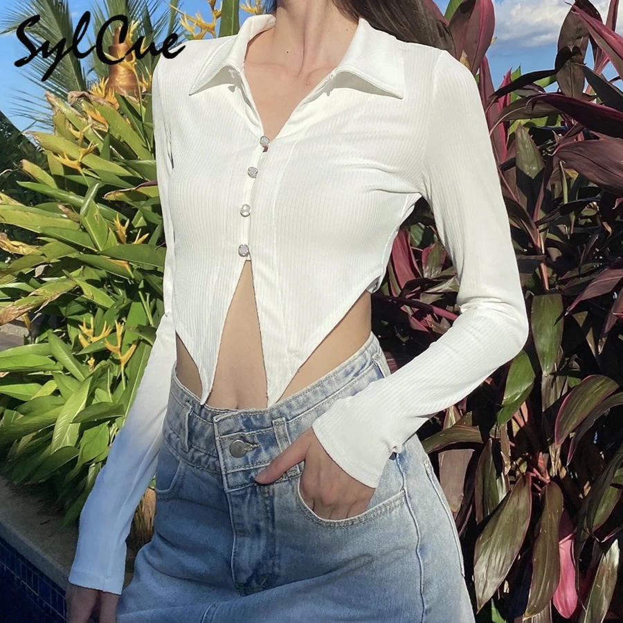 Sylcue Autumn new commuter style white lapel long sleeve T-shirt front unique forked tail cutting design Elegant V neck Tops
Sylcue Autumn new commuter style white lapel long sleeve T-shirt front unique forked tail cutting design Elegant V neck Tops