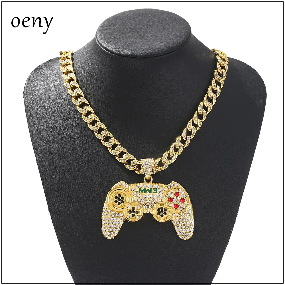 

Men Hip Hop Game Handle Pendant Necklace with 11mm Miami Cuban Chain Iced Out Bling HipHop Necklaces Male Fashion Jewelry