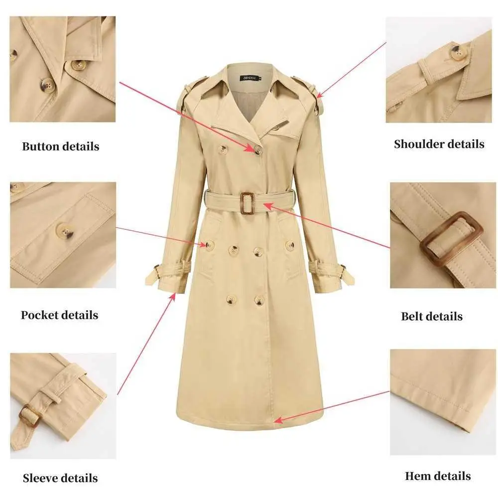 Women Double-Breasted Trench Coat Classic Lapel Overcoat Slim Outerwear with Belt | Женская одежда