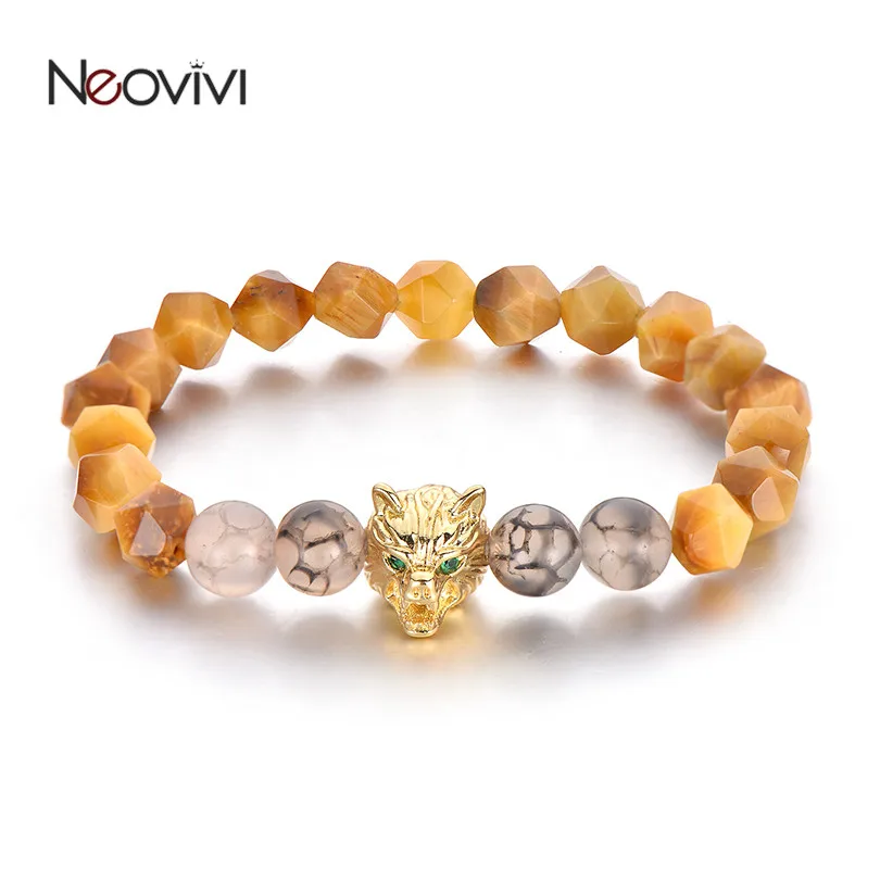 Neovivi CZ Leopard head Bead Bracelets Men Handmade Natural Stone Faceted Beads Stretchy Bracelet for Lover Jewelry Femme Bijoux | Украшения