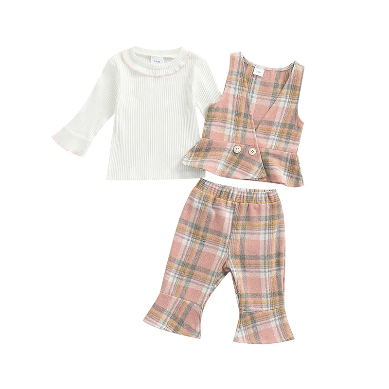 Baby Girl Casual Pants Set, Long Sleeve White Knitted Tops + Plaid Pattern Button Vest + Elastic Waist Long Pants Set
Baby Girl Casual Pants Set, Long Sleeve White Knitted Tops + Plaid Pattern Button Vest + Elastic Waist Long Pants Set