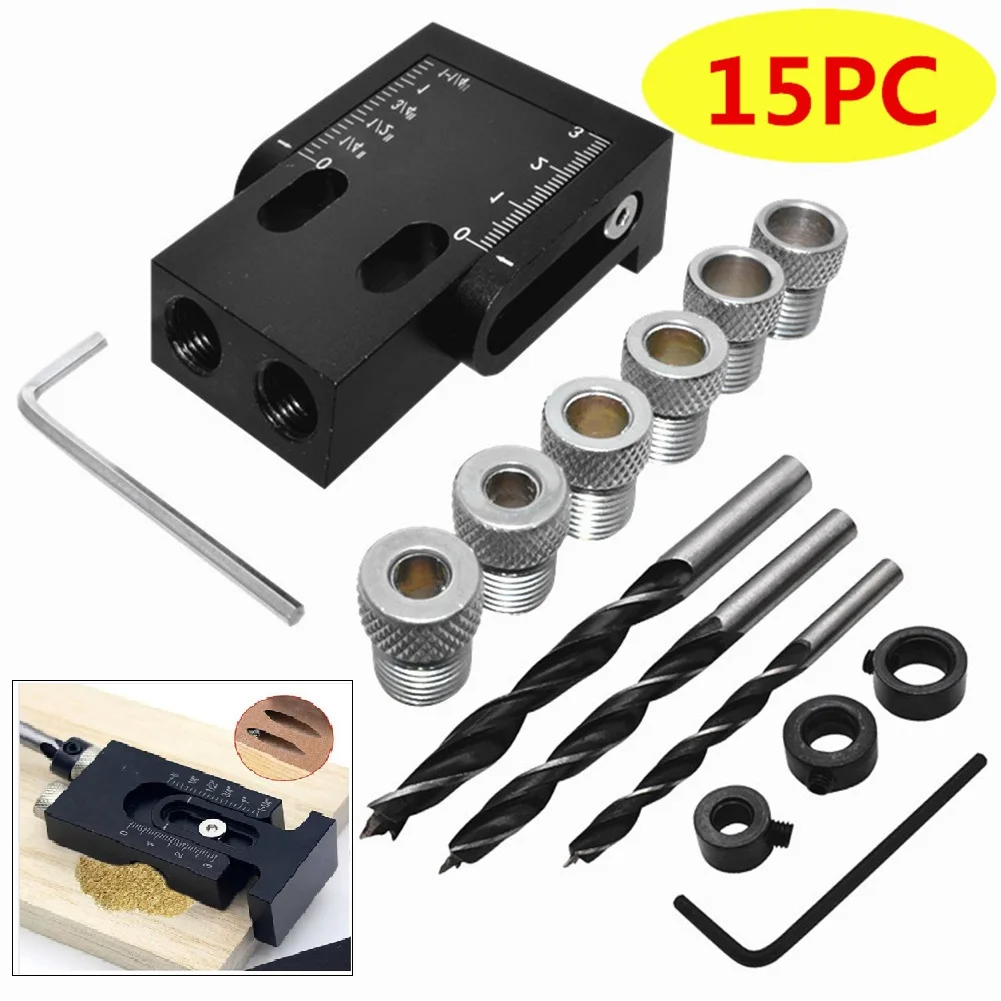 15PCS Pocket Hole Jig Kit 6/8/10mm Angle Drill Guide Woodworking Tool Air Tool Accessories Drill Bits Stop Rings Spanner
15PCS Pocket Hole Jig Kit 6/8/10mm Angle Drill Guide Woodworking Tool Air Tool Accessories Drill Bits Stop Rings Spanner