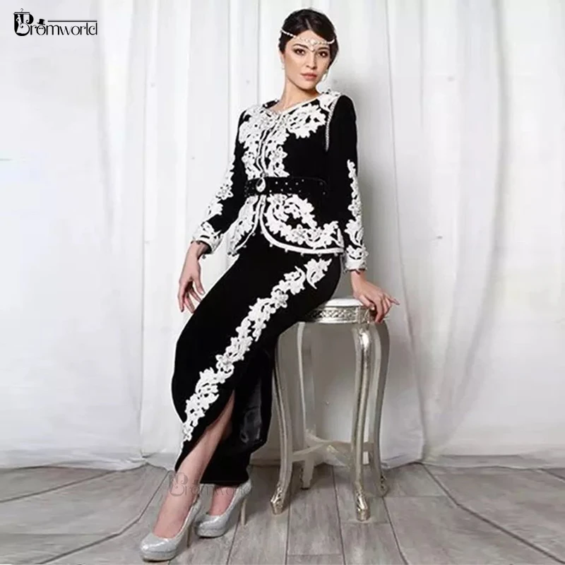 Black Moroccan Kaftan Formal Dress White Lace Appliques Satin Long Sleeve Robe De Soiree Sheath Tea Length Evening Dresses
Black Moroccan Kaftan Formal Dress White Lace Appliques Satin Long Sleeve Robe De Soiree Sheath Tea Length Evening Dresses