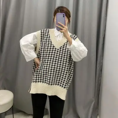 Knitted Sweaters Vest Women V-Neck Sleeveless Houndstooth Loose Female Spring Autumn Korean Style Oversized Sweater | Женская одежда