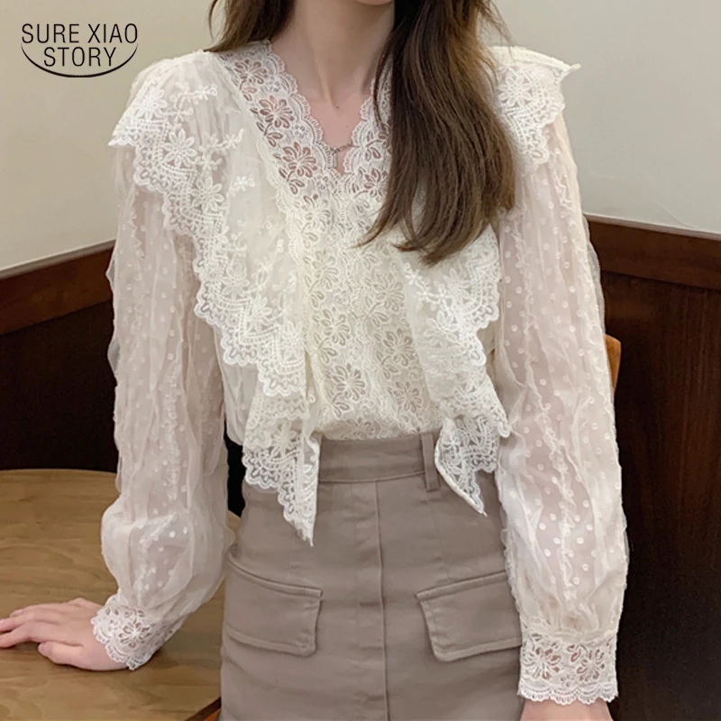 

French Elegant Solid Women Blouse Hollow Out Lace Shirt Autumn V-neck Ruffles Tops Long Sleeve Casual Clothes Blusa Maujer 17061