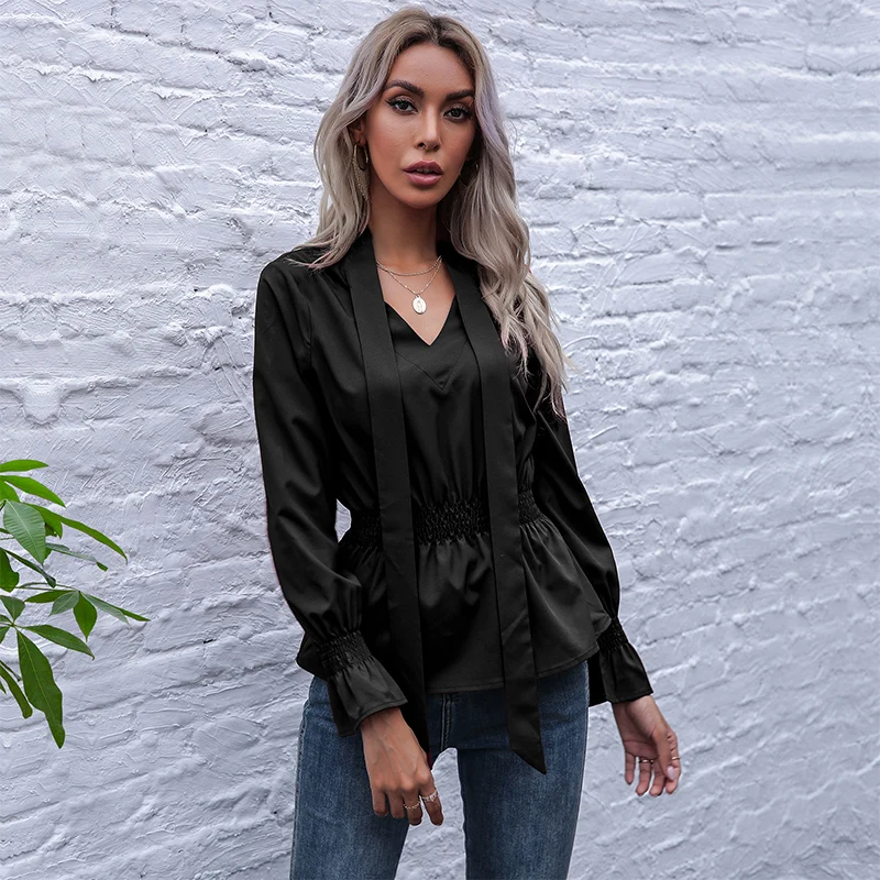2021 New Summer Women's Solid Color Scarf Collar Pullover Elastic Horn Long Sleeve Shirt Blouses Ladies Casual All Match Tops
2021 New Summer Women's Solid Color Scarf Collar Pullover Elastic Horn Long Sleeve Shirt Blouses Ladies Casual All Match Tops