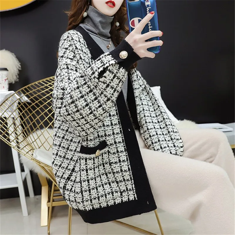 Sweater Cardigan Women Coat Western-style Knitted Top New Korean Style Office Lady Plaid Small Fragrant Loose 2021 Fall/winter 
Sweater Cardigan Women Coat Western-style Knitted Top New Korean Style Office Lady Plaid Small Fragrant Loose 2021 Fall/winter