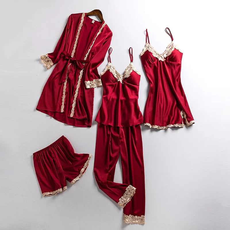 Fdfklak 2021 New Sleepwear Female 5PCS Pajamas Set Satin Pyjamamas Lace Bridal Wedding Nightwear Home Wear Nighty&Robe Suit
Fdfklak 2021 New Sleepwear Female 5PCS Pajamas Set Satin Pyjamamas Lace Bridal Wedding Nightwear Home Wear Nighty&Robe Suit