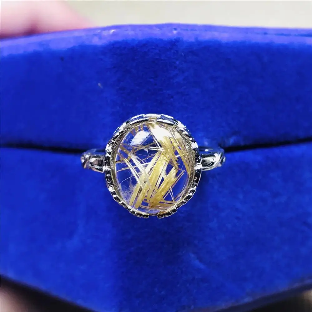 Adjustable Size Ring 12mm Natural Gold Rutilated Quartz For Woman Man 925 Silver Sterling Metal Crystal JewelryAAAAA | Украшения и