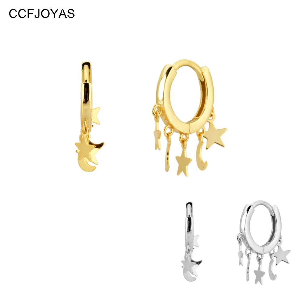 CCFJOYAS 9mm 925 Sterling Silver Star Moon Pendant Hoop Earrings for Women European and American Punk Gold Silver color Jewelry
CCFJOYAS 9mm 925 Sterling Silver Star Moon Pendant Hoop Earrings for Women European and American Punk Gold Silver color Jewelry