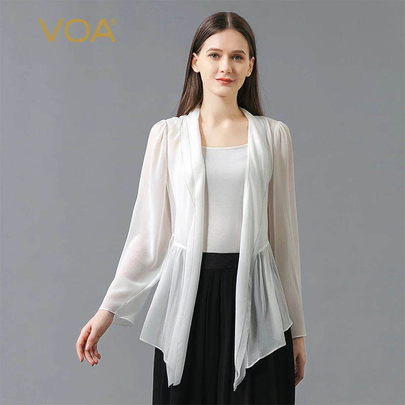 

VOA Silk Georgette White Long Sleeve Cardigan Fold Open Edge Micro-transparent Sunscreen Air Conditioning Simple Jacket WE105