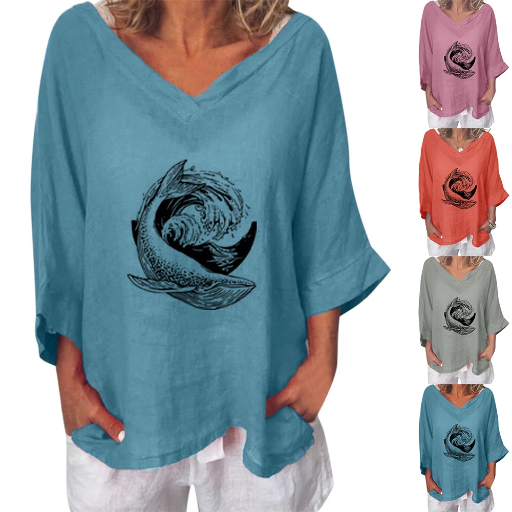 Women Top V Neck Whale Printed 3/4 Sleeve Loose Pullover Ladies Printed Loose T-shirt Casual Travel Summer Tops Wearing Clothes
Women Top V Neck Whale Printed 3/4 Sleeve Loose Pullover Ladies Printed Loose T-shirt Casual Travel Summer Tops Wearing Clothes