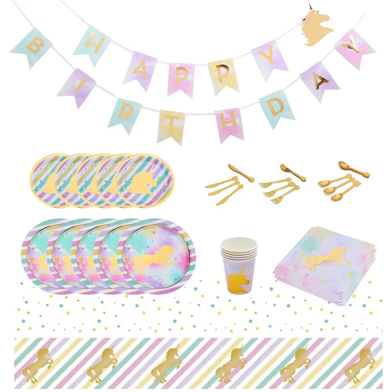 Hot Stamping Unicorn Theme Children's Birthday Holiday Party Decoration Paper Cup Dinner Plate Banner Party Set
Hot Stamping Unicorn Theme Children's Birthday Holiday Party Decoration Paper Cup Dinner Plate Banner Party Set
