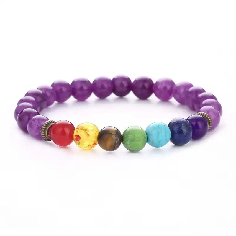 

Natural Gem Stone Reiki Purple Amethyst Crystal Quartz Bracelets for Meditation Jewelery Women 7 Chakra 8mm Yoga Beads