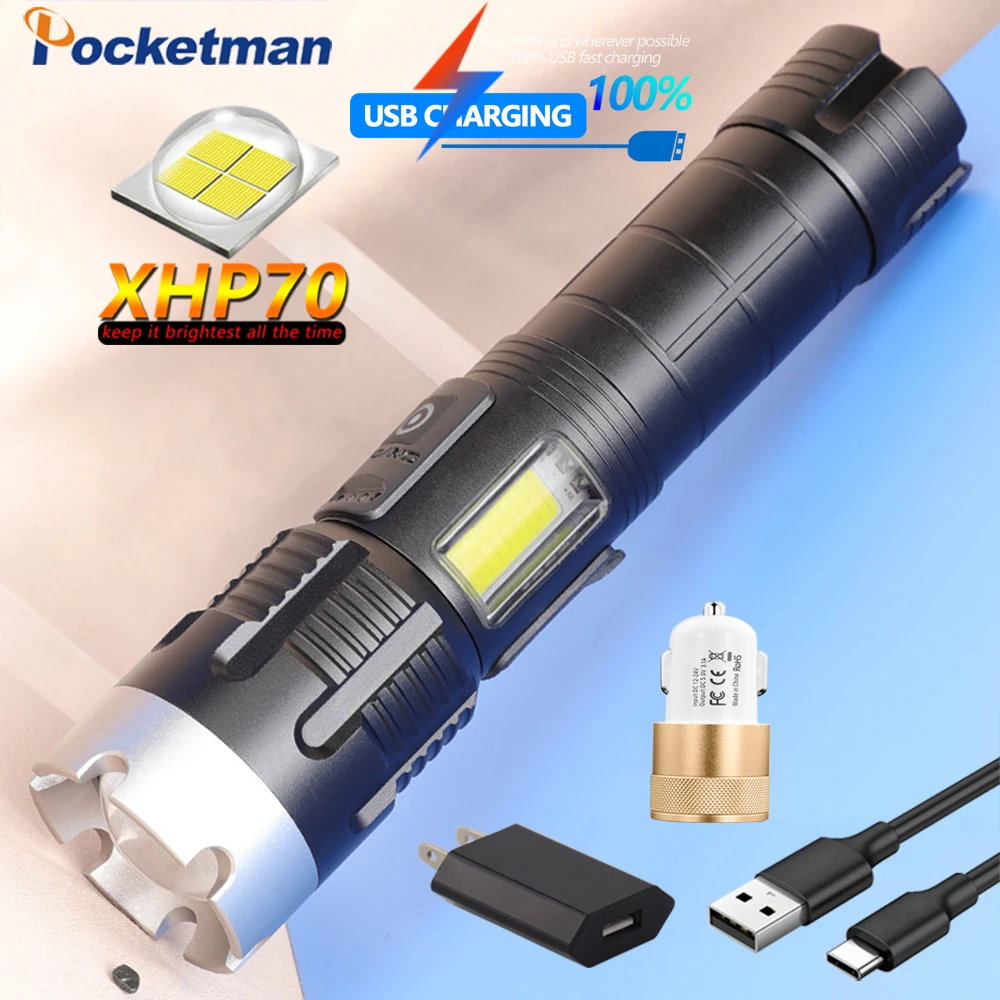 Brightest XHP70 Flashlight USB Rechargeable Led High-Power Flashlight Power Bank Torch With COB Side Light Outdoor Lighting
Brightest XHP70 Flashlight USB Rechargeable Led High-Power Flashlight Power Bank Torch With COB Side Light Outdoor Lighting