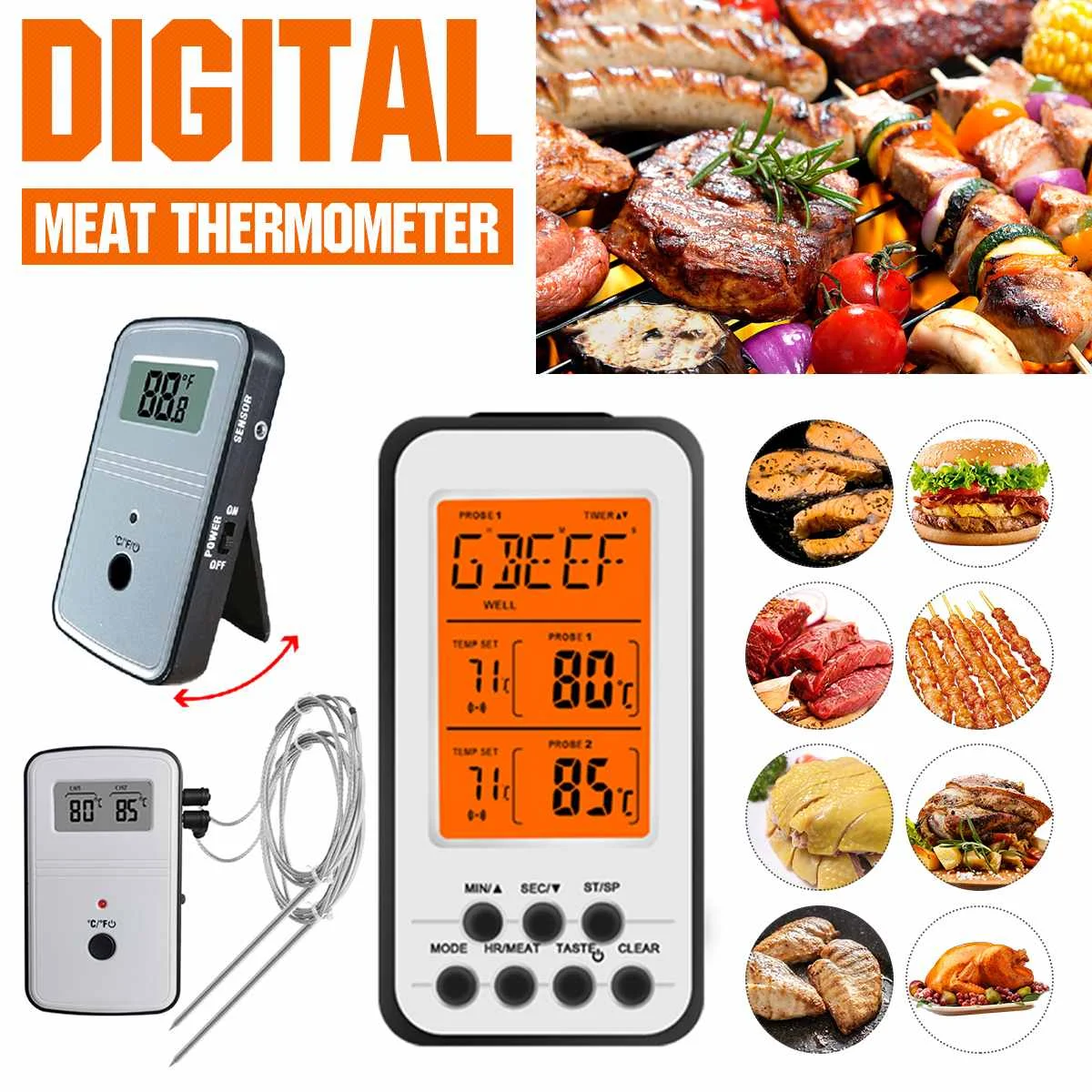 Digital BBQ Thermometer Wireless Kitchen Oven Food Cooking Grill Smoker Meat Thermometer with Probe and Timer Temperature Alarm
Digital BBQ Thermometer Wireless Kitchen Oven Food Cooking Grill Smoker Meat Thermometer with Probe and Timer Temperature Alarm