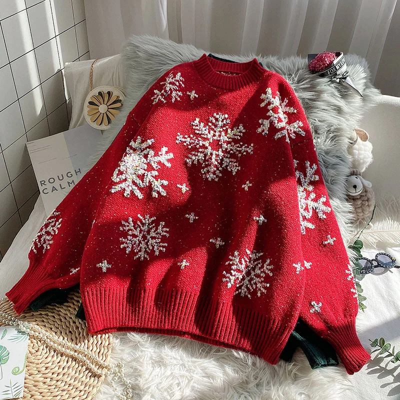 Red Sweater Women Christmas Loose Lazy Wind Outside Wear 2021 New Year Winter New Snowflake Round Neck Sweater Top Trend
Red Sweater Women Christmas Loose Lazy Wind Outside Wear 2021 New Year Winter New Snowflake Round Neck Sweater Top Trend