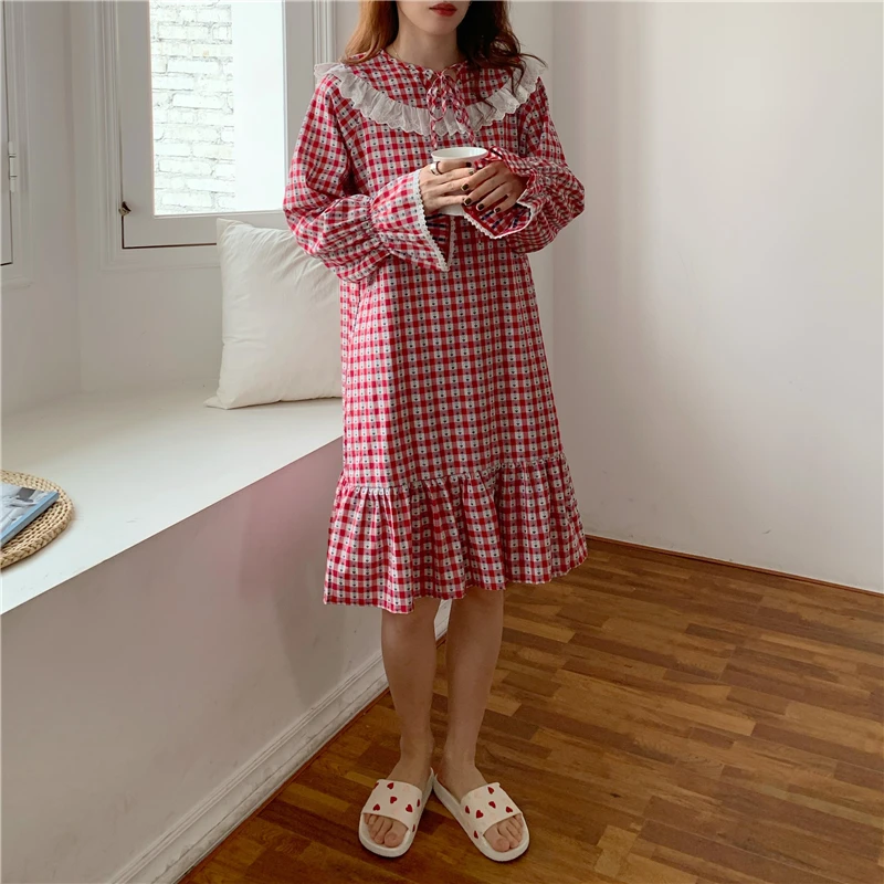 spring chic women plaid floral print nightdress sweet bandage lace nightgown checkered ruffles long night dress homewear
spring chic women plaid floral print nightdress sweet bandage lace nightgown checkered ruffles long night dress homewear