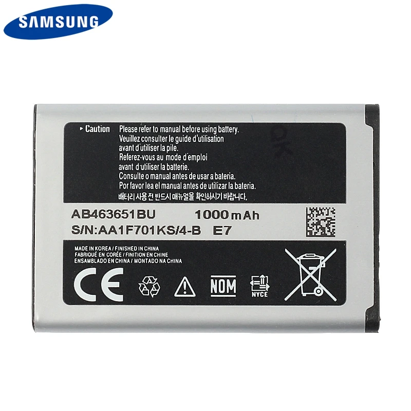 Оригинальный запасной аккумулятор AB463651BC для Samsung J800 S3650 S7070 S5608 S3370 L700 W559 S5628 C3222 B3410