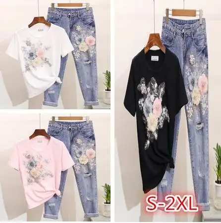 2021 New Summer 2 Piece Set Women Heavy Work Embroidery 3D Flower Tshirts + Hole Jeans 2pcs Clothes Sets Casual Suits Outfits
2021 New Summer 2 Piece Set Women Heavy Work Embroidery 3D Flower Tshirts + Hole Jeans 2pcs Clothes Sets Casual Suits Outfits
