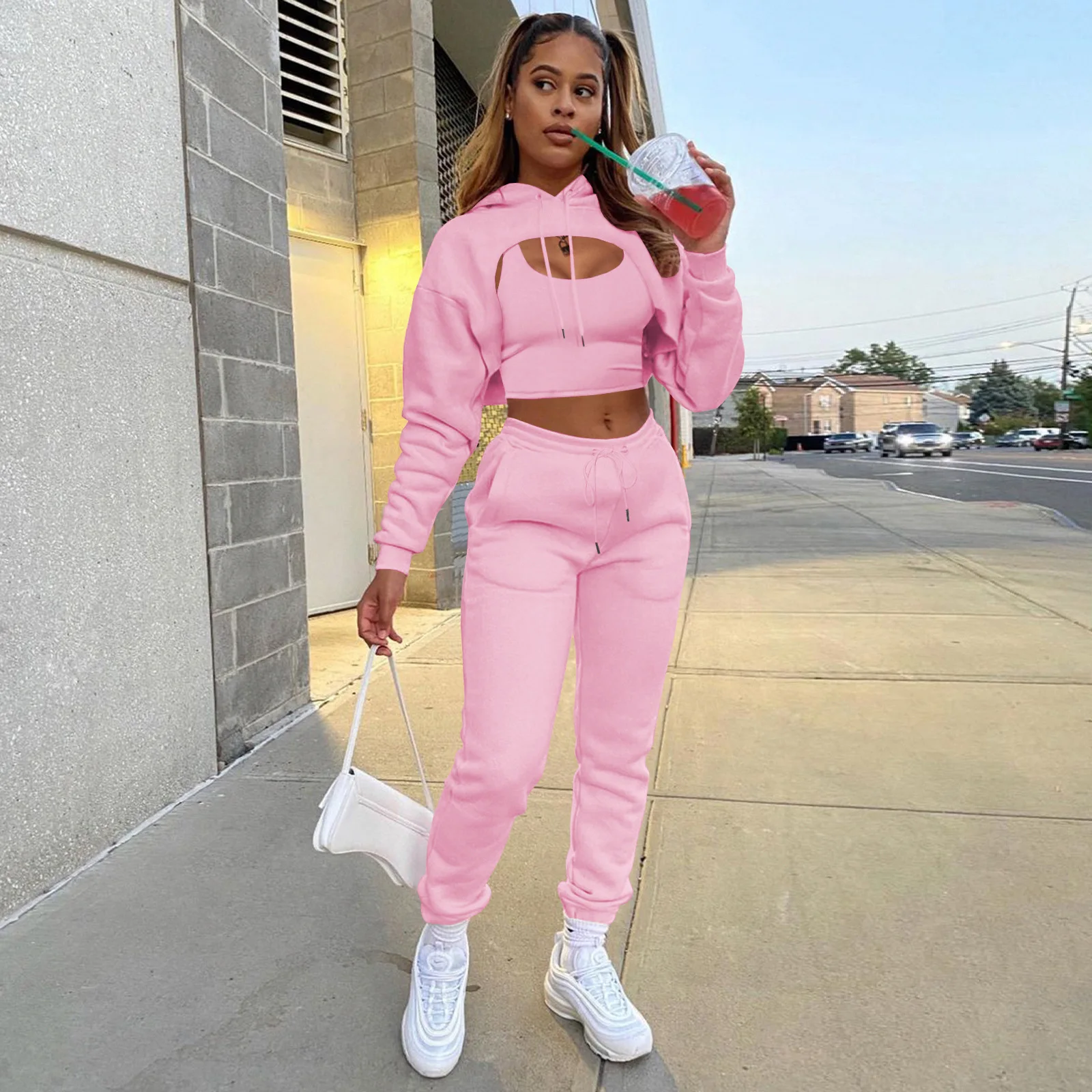 Streetwear Three 3 Piece Sets Women Outfit Fall Long Sleeve Hooded Tank Tops Skinny Pants Suits Velvet Pink Matching Sets
Streetwear Three 3 Piece Sets Women Outfit Fall Long Sleeve Hooded Tank Tops Skinny Pants Suits Velvet Pink Matching Sets
