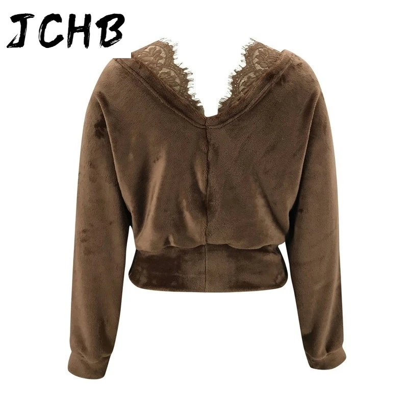 Women Sexy T-Shirts Spring Autumn Lace Patchwork See Through V-Neck Backless Long Sleeve Pullover Solid Loose Plush Short Tshirt
Women Sexy T-Shirts Spring Autumn Lace Patchwork See Through V-Neck Backless Long Sleeve Pullover Solid Loose Plush Short Tshirt