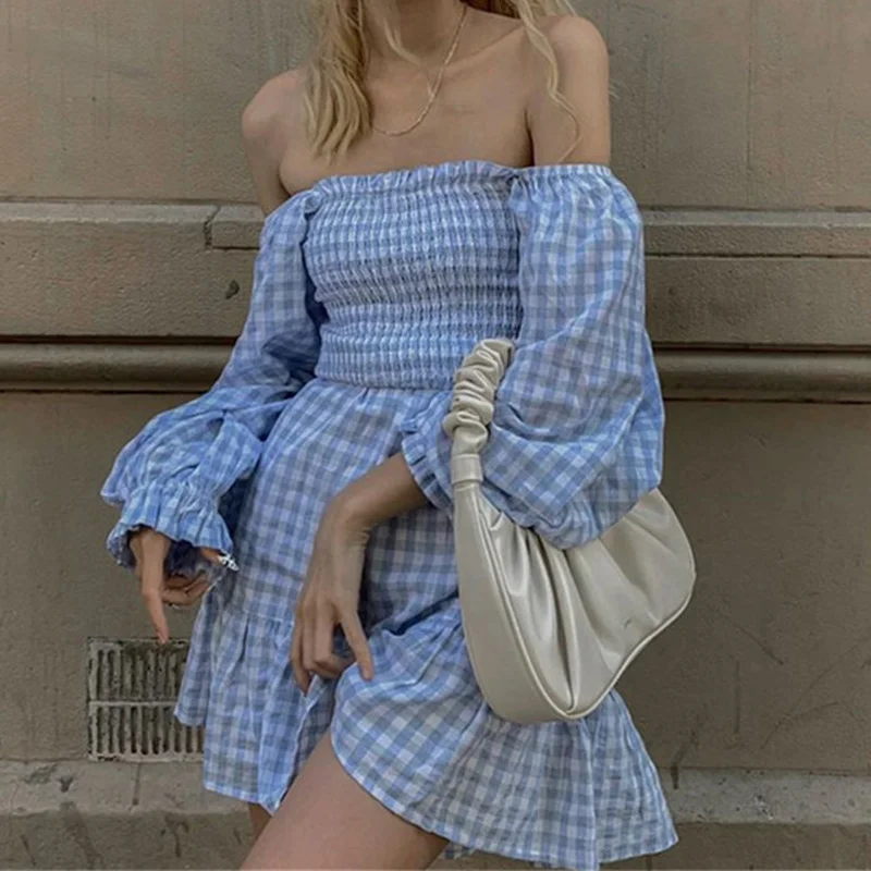 Club Mini Dresses 2021 Summer New Women Short Sweet Backless Party Dress Ruffle Slash Neck Blue White Dress Plaid Elegant Korean 
Club Mini Dresses 2021 Summer New Women Short Sweet Backless Party Dress Ruffle Slash Neck Blue White Dress Plaid Elegant Korean