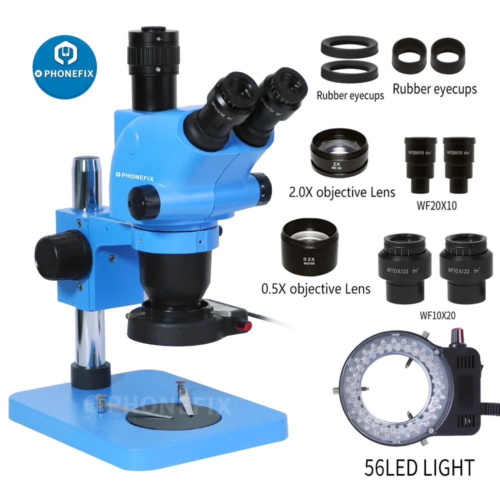 6.5X-65X Simul-Focal Trinocular Stereo Zoom Microscope with 56 LED Ring Light for Soldering Cell Phone Maintenance Platform
6.5X-65X Simul-Focal Trinocular Stereo Zoom Microscope with 56 LED Ring Light for Soldering Cell Phone Maintenance Platform