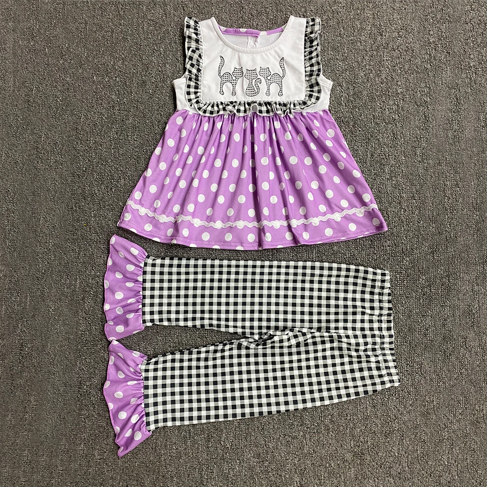 Summer Girls Clothes Purple Sleeveless White Dots Print Skirt And Black Plaid Trousers Three Cats Print Pattern Girl Clothes
Summer Girls Clothes Purple Sleeveless White Dots Print Skirt And Black Plaid Trousers Three Cats Print Pattern Girl Clothes