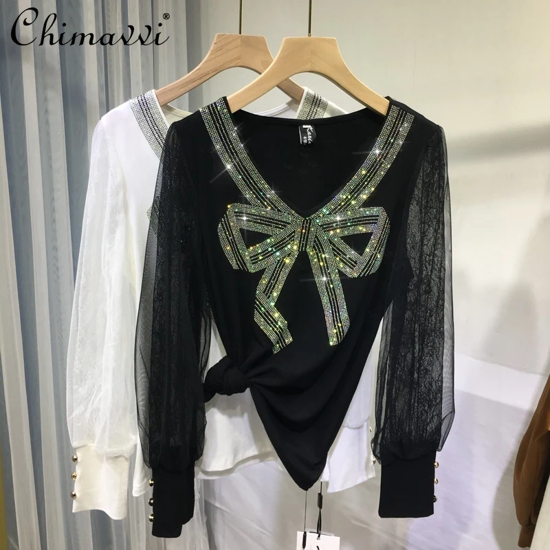 Elegant Fashion Autumn Rhinestone Bottoming Shirt Women's V-neck Bow Lace Long Sleeve Slim Solid Color Thin Inner Wear Blouse
Elegant Fashion Autumn Rhinestone Bottoming Shirt Women's V-neck Bow Lace Long Sleeve Slim Solid Color Thin Inner Wear Blouse