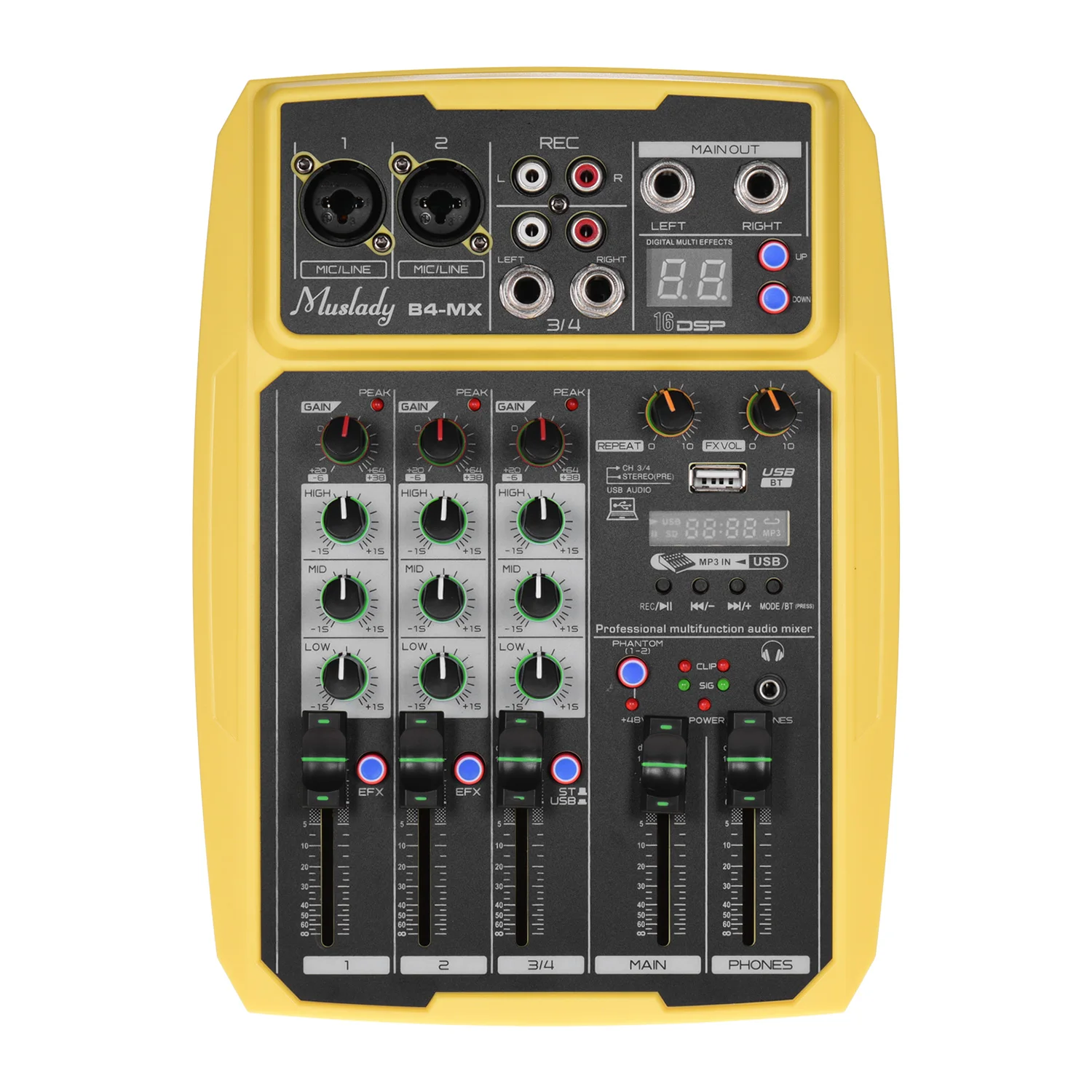 Muslady B4-MX Portable 4-Channel Sound Card Mixing Console Audio Mixer Built-in 16 DSP 48V Phantom power Supports BT Connection
Muslady B4-MX Portable 4-Channel Sound Card Mixing Console Audio Mixer Built-in 16 DSP 48V Phantom power Supports BT Connection