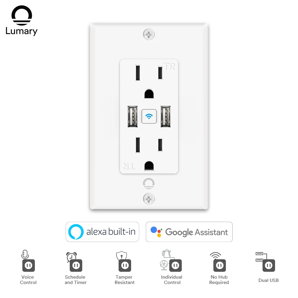Lumary Smart Outlet Wi-Fi Outlet in Wall with 2 USB Ports Works with Alexa Google Home Remote Control Requires 2.4 GHz
Lumary Smart Outlet Wi-Fi Outlet in Wall with 2 USB Ports Works with Alexa Google Home Remote Control Requires 2.4 GHz