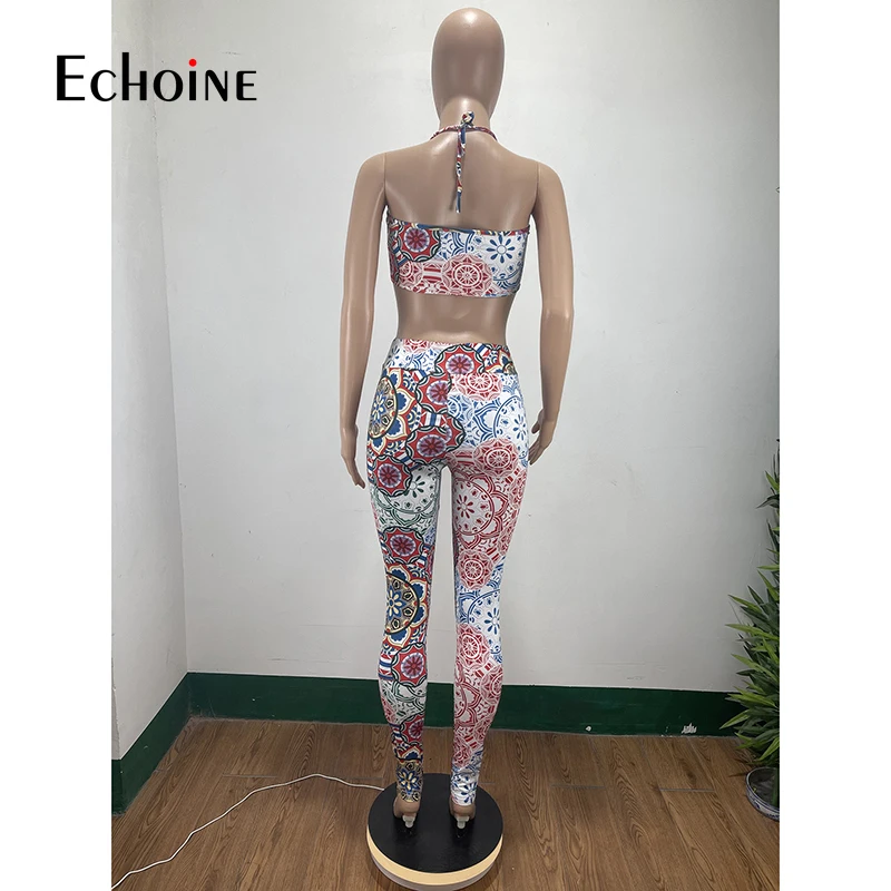 

Echoine Women Workout Set Print Sleeveless Crop Tanks Tops Strechy Pencil Pants Two Piece Set Sexy Streetwear Summer Outfits