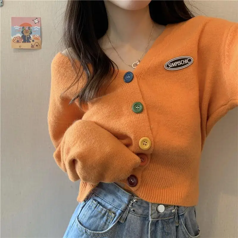 

Knitwear Spring and Autumn Tops Color Buttons Soft Waxy Cardigan Loose Jacket V-neck Long Sleeve Sweater Short Women's Trend