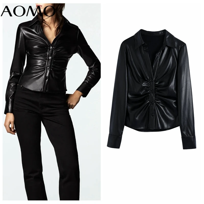 AOMO 2021 Women Black Faux Leather Pleated Blouse Long Sleeve Chic Female Office Lady Shirt BE562A
AOMO 2021 Women Black Faux Leather Pleated Blouse Long Sleeve Chic Female Office Lady Shirt BE562A