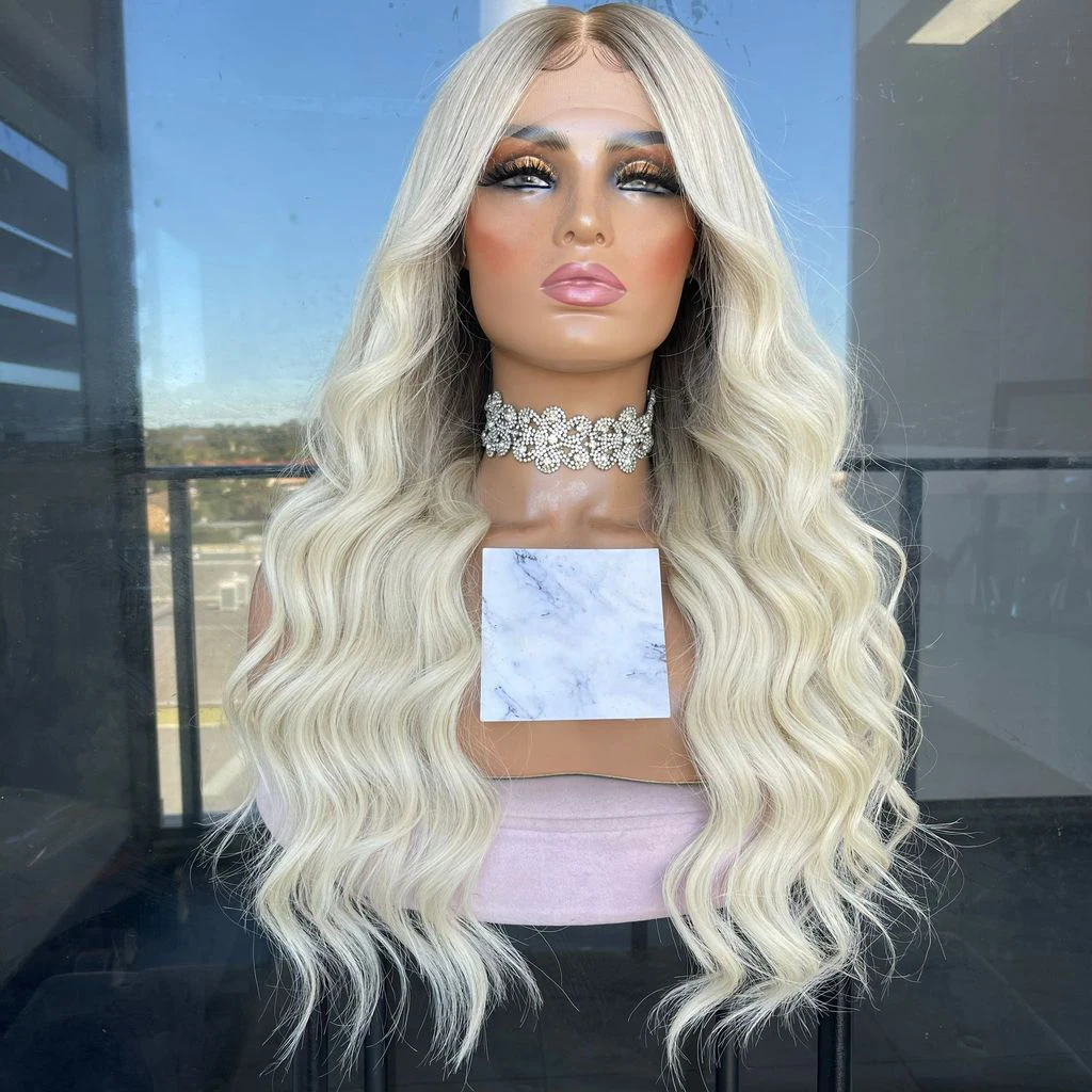 

Long Super Wavy Platinum Blonde Ombre 180Density Brazilian Remy Human Hair Wigs Highlight Lace Front Wig Preplucked Hairline