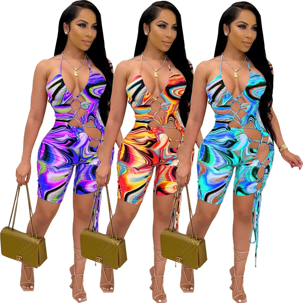 European and American sexy women's fashion personality summer tie-dye sling cutout shorts
European and American sexy women's fashion personality summer tie-dye sling cutout shorts