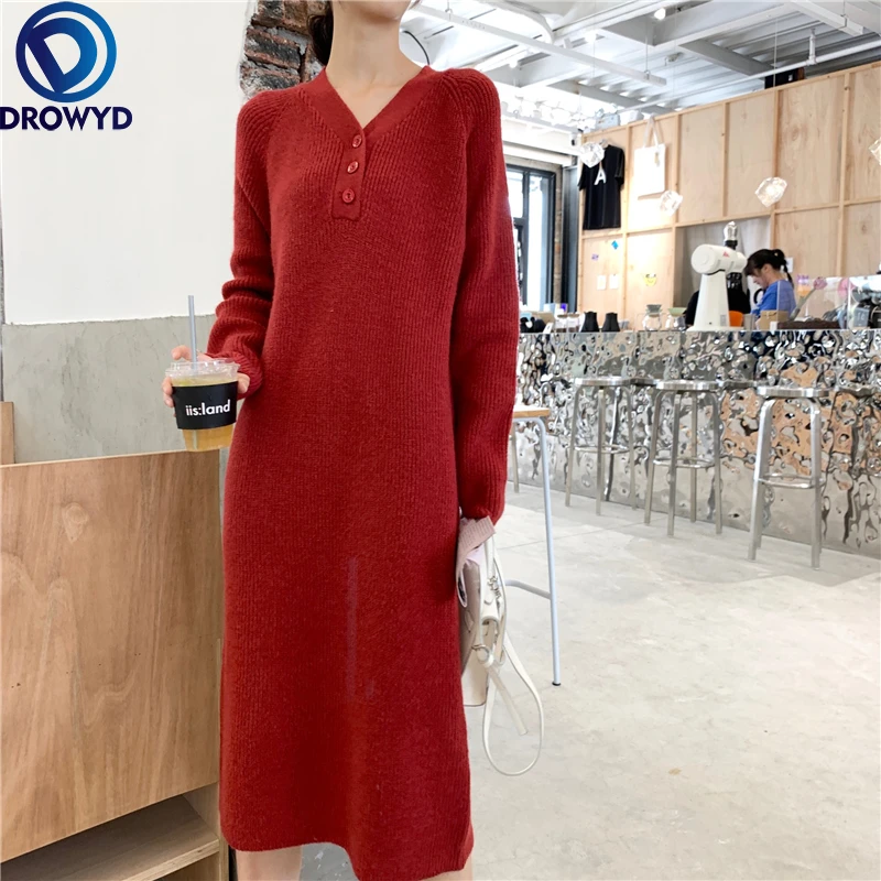 2021 Winter Street Bottoming Long Sweater Dress V-neck Loose and Thin Thick Knitted Dress Women Stretch Pullover Sweater Dresses
2021 Winter Street Bottoming Long Sweater Dress V-neck Loose and Thin Thick Knitted Dress Women Stretch Pullover Sweater Dresses