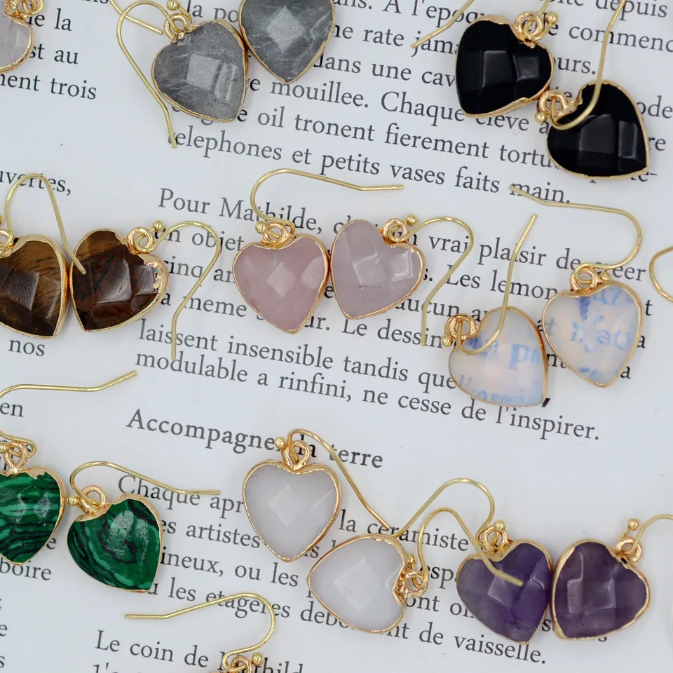 

Natural Stone Amethyst Rose Quartz Tiger's Eye Opal Crystal 15mm Heart Dangle Earrings For Women Jewelry