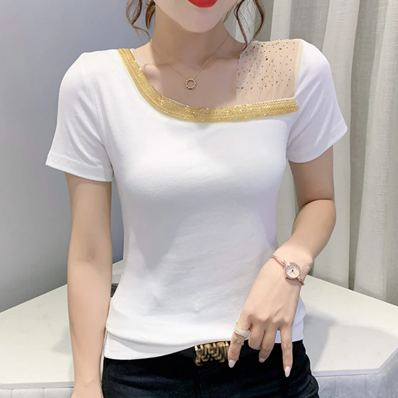 2021 Short Sleeve T-Shirts Summer Fashion Beading Cotton T Shirt Woman Patchwork Gauze Tops Casual Tee Shirt Femme Poleras Mujer
2021 Short Sleeve T-Shirts Summer Fashion Beading Cotton T Shirt Woman Patchwork Gauze Tops Casual Tee Shirt Femme Poleras Mujer