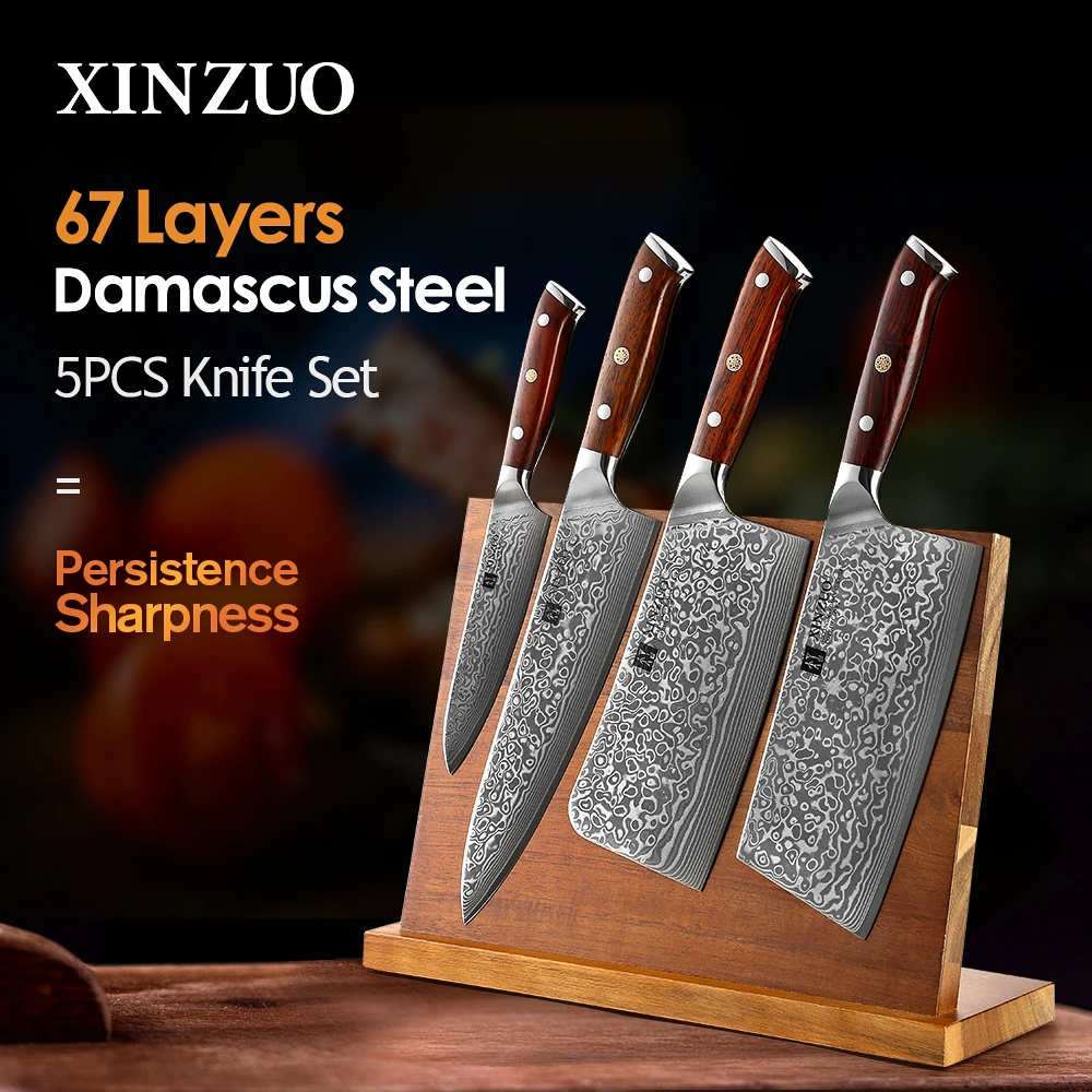 XINZUO 5PCS Chef Knives Set Real Damascus Steel Chinese Pro Gyuto Slicing Chopper Bone Knife Holder with Rosewood Handle
XINZUO 5PCS Chef Knives Set Real Damascus Steel Chinese Pro Gyuto Slicing Chopper Bone Knife Holder with Rosewood Handle