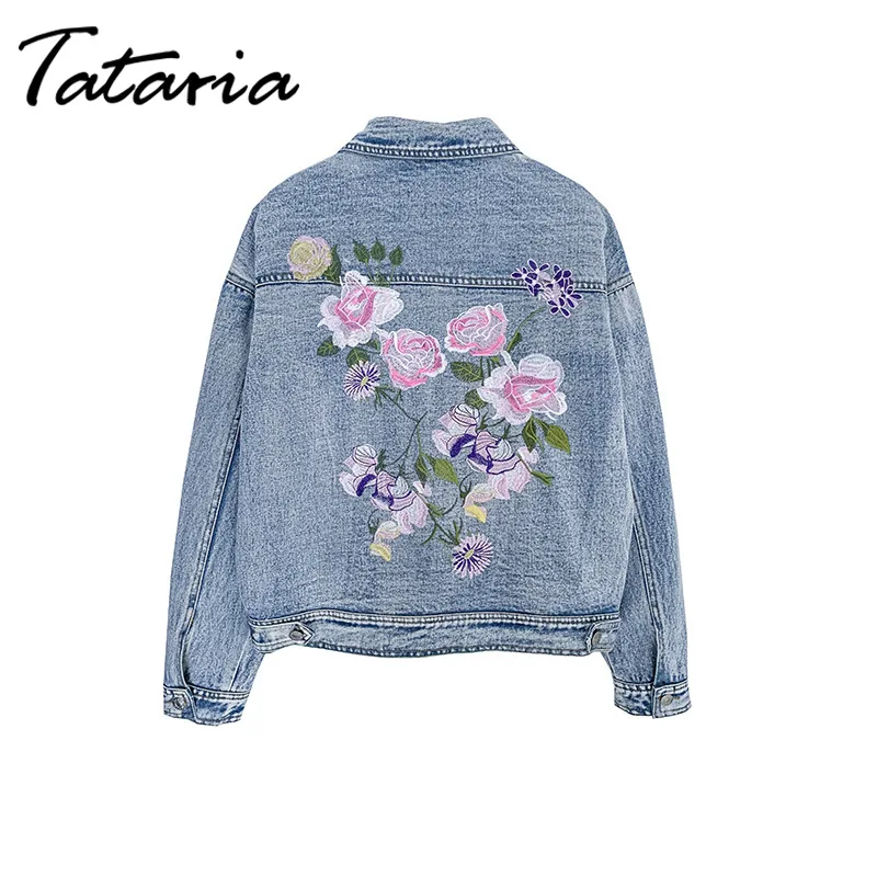 Женская джинсовая куртка с вышитыми цветами Лоскутная Свободная Повседневная