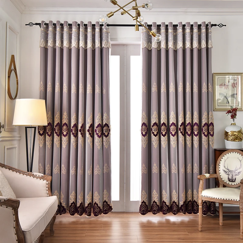 European Embroidered Curtains for Living Room 70%-90% Shade Rate Blackout Curtains for Living Room 2 Layers Curtain for Window