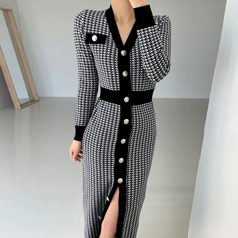 Women Chic Korea Retro Temperament Long Dress V Collar Bird Lattice Slim Single Breasted Long Sleeve Knit Dress Female
Women Chic Korea Retro Temperament Long Dress V Collar Bird Lattice Slim Single Breasted Long Sleeve Knit Dress Female