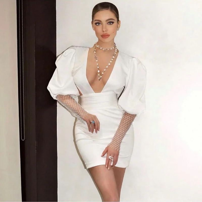 High Quality Women Diamonds Puff Sleeve Summer Dress 2021 V Neck White Black Sexy Celebrity Party Club Bodycon Mini Dresses
High Quality Women Diamonds Puff Sleeve Summer Dress 2021 V Neck White Black Sexy Celebrity Party Club Bodycon Mini Dresses