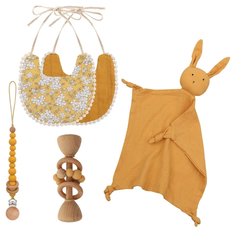 4 Pcs Baby Teether Toys Pacifier Clips Chain Beech Wooden Rattles Bunny Ear Sleeping Dolls Soothe Appease Towel