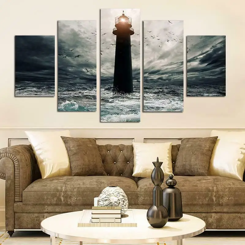 

5 Pcs Light House in the Night of Ocean Canvas Pictures Print Wall Art Canvas Paintings Wall Decorations for Living Room Unframe