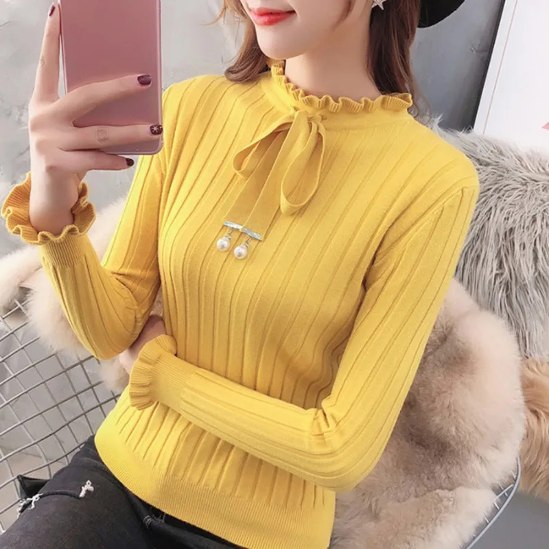 Sweet Bottoming Knitted Sweater Women Autumn Petal Sleeve Bow Collar Tops Casual Slim Elegant Sweater Lace Up Pullover 
Sweet Bottoming Knitted Sweater Women Autumn Petal Sleeve Bow Collar Tops Casual Slim Elegant Sweater Lace Up Pullover