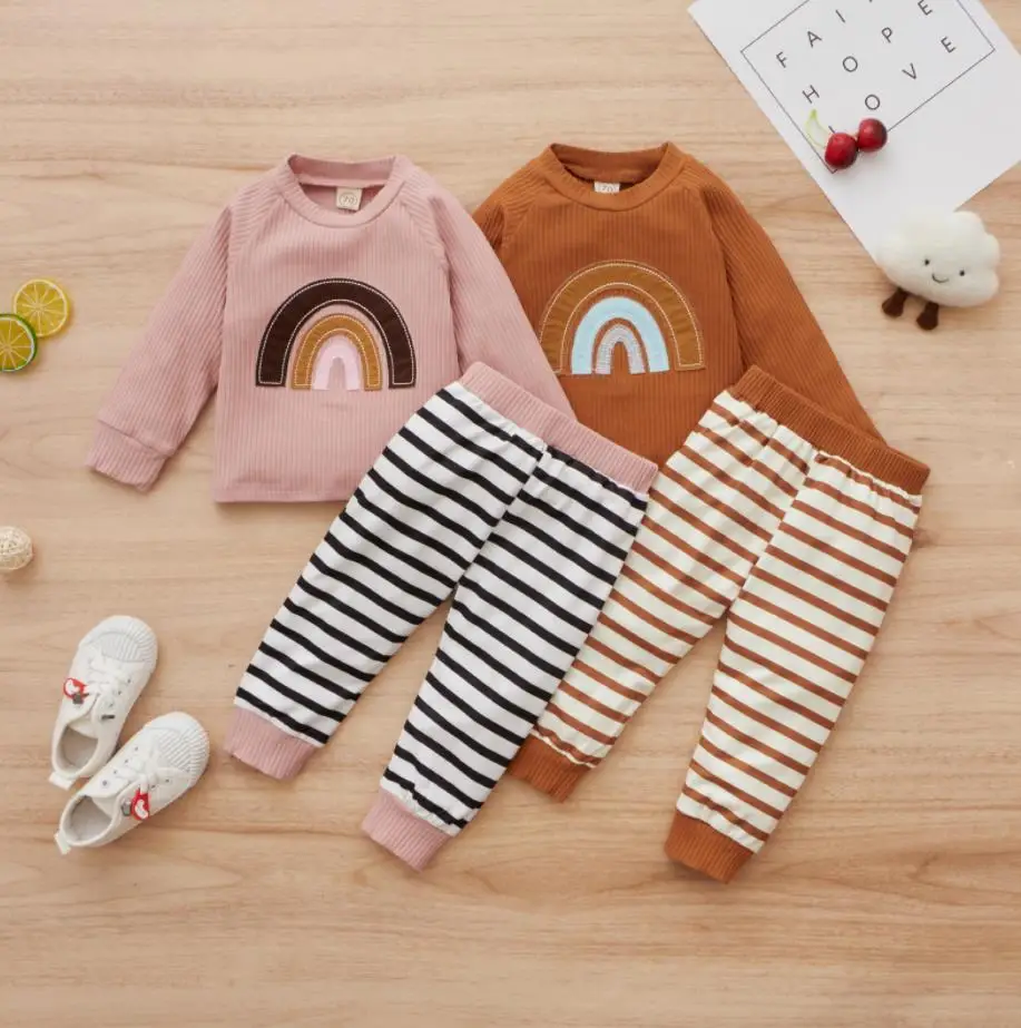 2 Pcs Autumn Spring Girls Casual Outfits Baby Rainbow Pattern Long Sleeve Round Neck Pullover Tops Block Striped Trousers Set
2 Pcs Autumn Spring Girls Casual Outfits Baby Rainbow Pattern Long Sleeve Round Neck Pullover Tops Block Striped Trousers Set